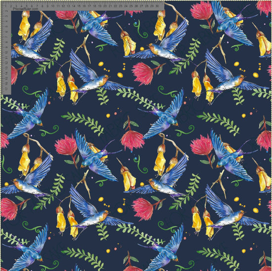 Pohutukawa Kowhai and swallows on deep blue - Fiona Clarke Design-  Custom Pre Order