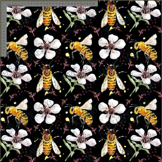 Manuka Flowers and Bees on Black- Fiona Clarke Design- Custom Pre Order