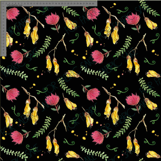Kowhai and Pohutukawa flowers on black - Fiona Clarke Design-  Custom Pre Order