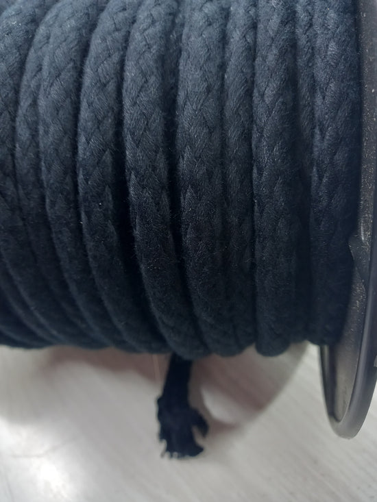 12mm Braided Cotton Cord - Black  with inner