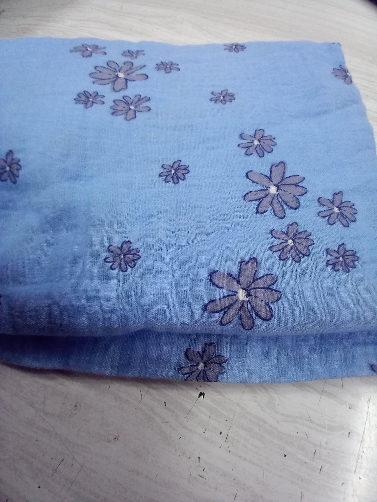 Pale blue with blue and Silver Daisy Double Gauze  100% cotton - 1 metre remnant