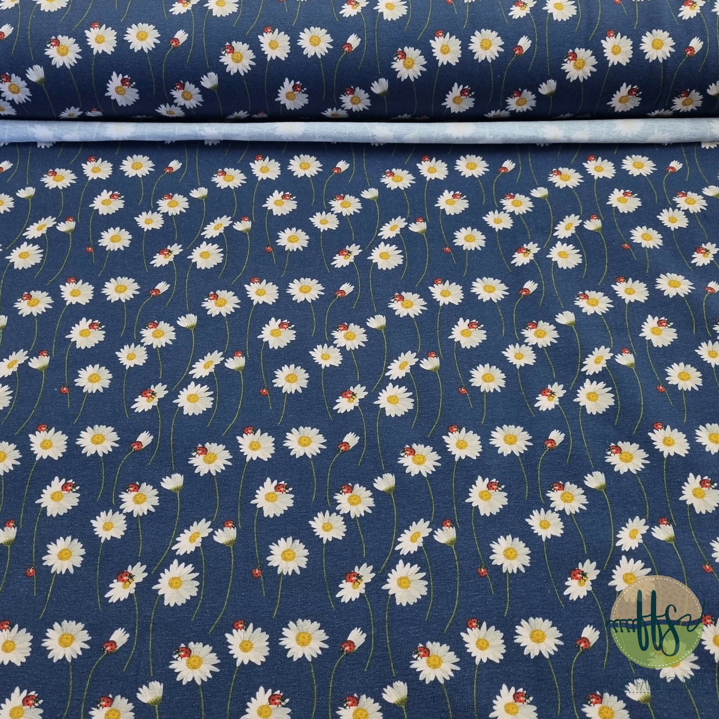 Ladybugs love daisies Navy- Cotton Spandex 215g