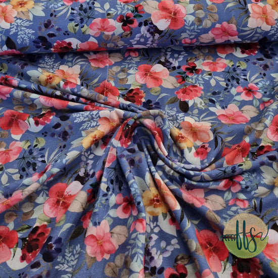 Flowers on Blue Shadow - Cotton Spandex 210g