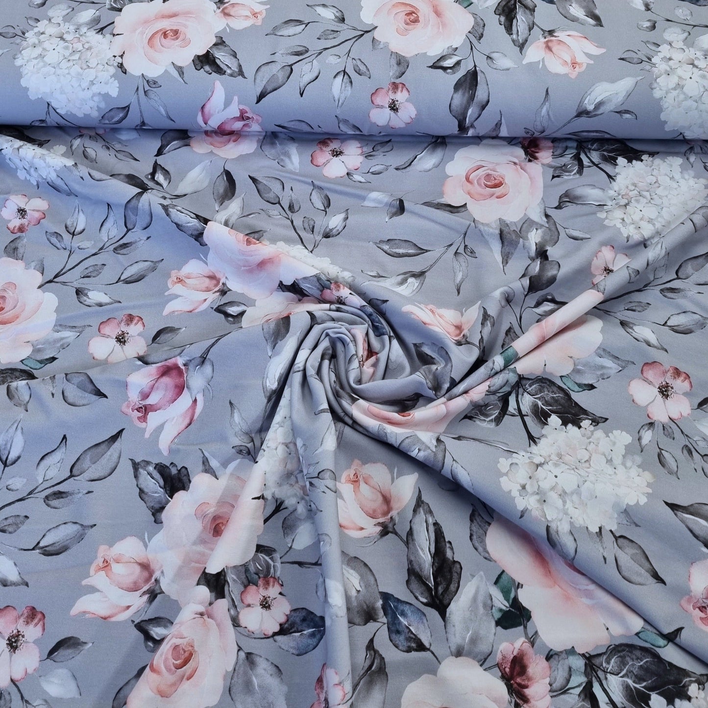 Roses on grey (lighter more pink)-  Cotton Spandex-250g-45CM PIECE