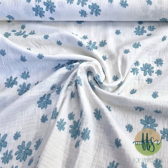 White with Teal Daisy- Double Gauze