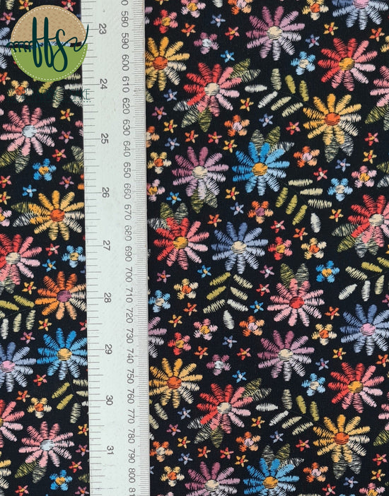Copy of Embroided Flower on Black  - Cotton Spandex - 200g