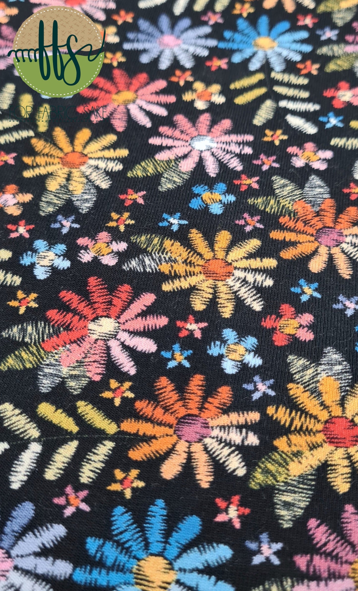 Copy of Embroided Flower on Black  - Cotton Spandex - 200g