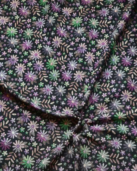 Purple Embroided Flower on Black  - Cotton Spandex - 200g