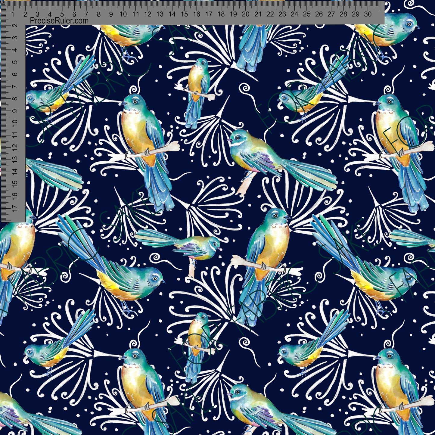 Load image into Gallery viewer, Fantails and Pohutukawa on navy - Fiona Clarke Design- Custom Pre Order
