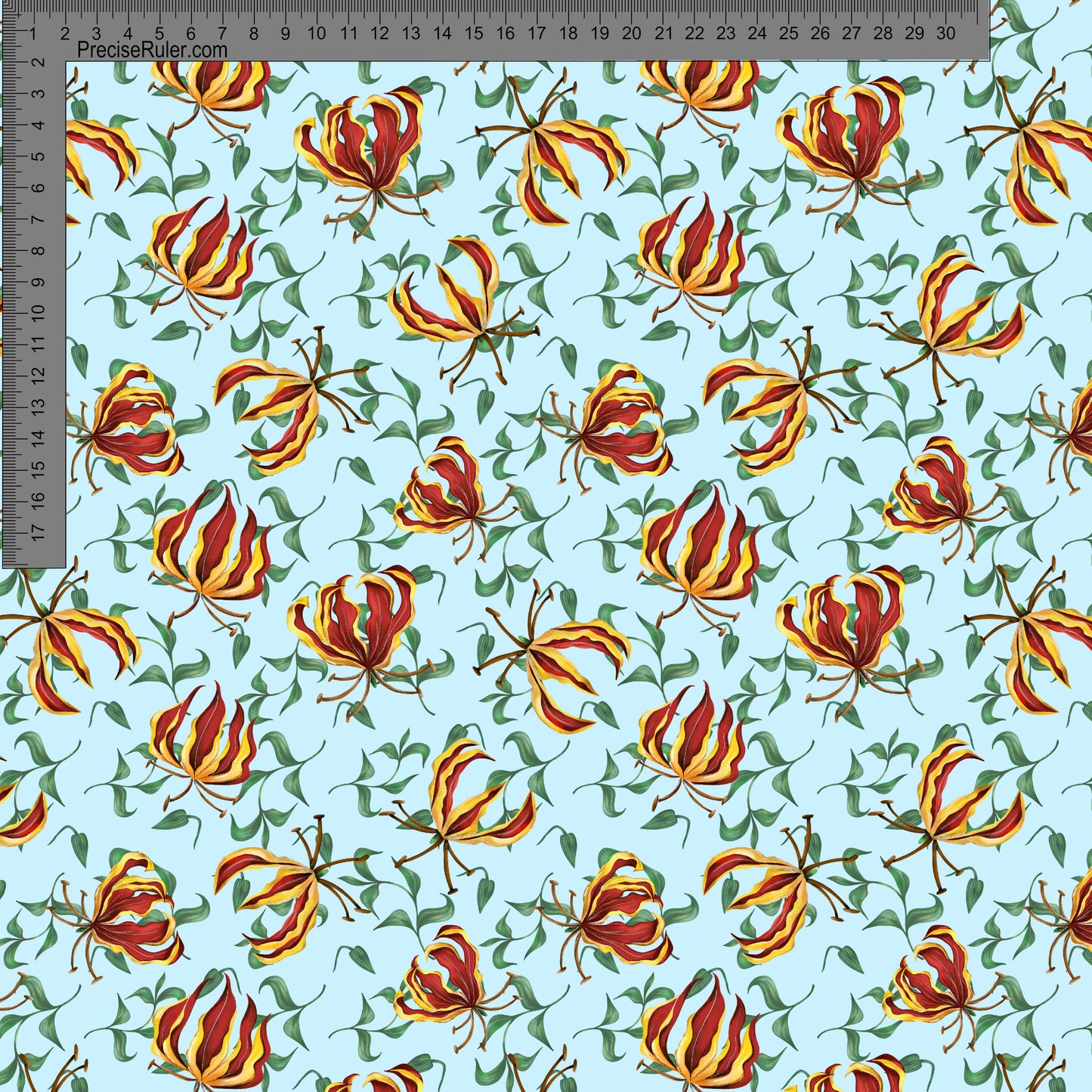 Flame Lilies and leaves on blue- Fiona Clarke Design- Custom Pre Order