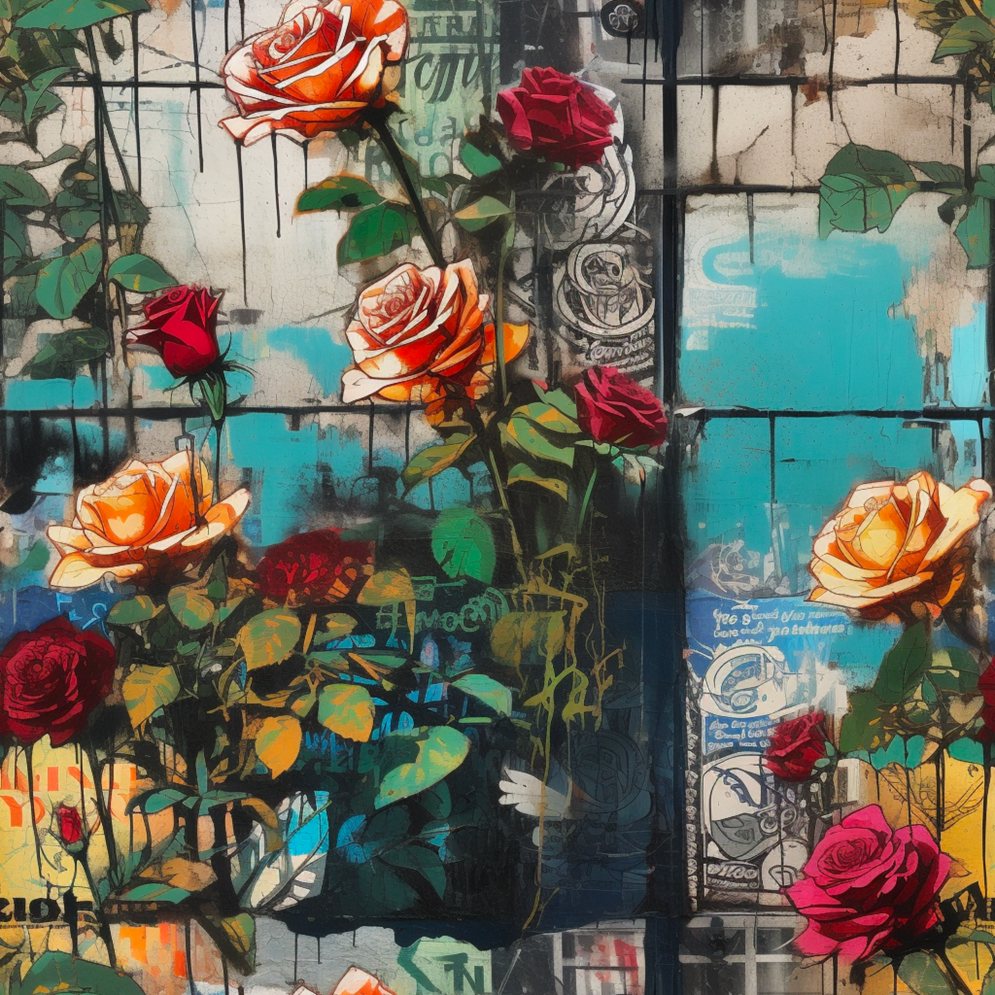 Graffiti  Roses  - Cotton Spandex - 250g - 50cm