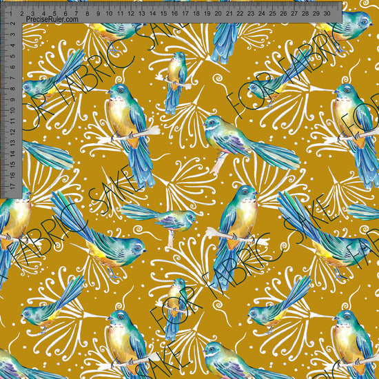 Load image into Gallery viewer, Fantails and Pohutukawa on mustard - Fiona Clarke Design- Custom Pre Order
