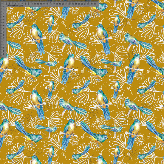 Fantails and Pohutukawa on mustard - Fiona Clarke Design- Custom Pre Order