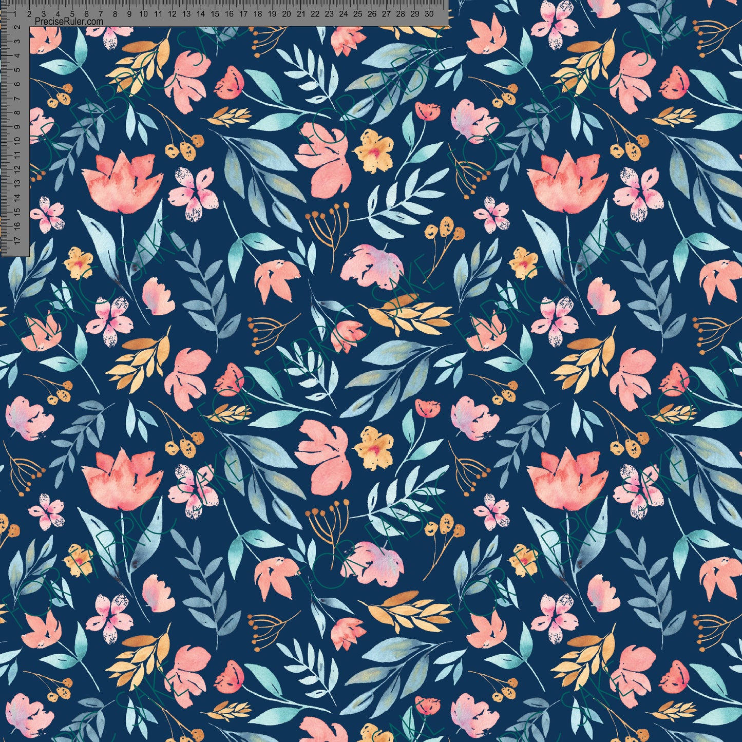 Pink Blue Mustard -100% Linen - 80cm PIECE