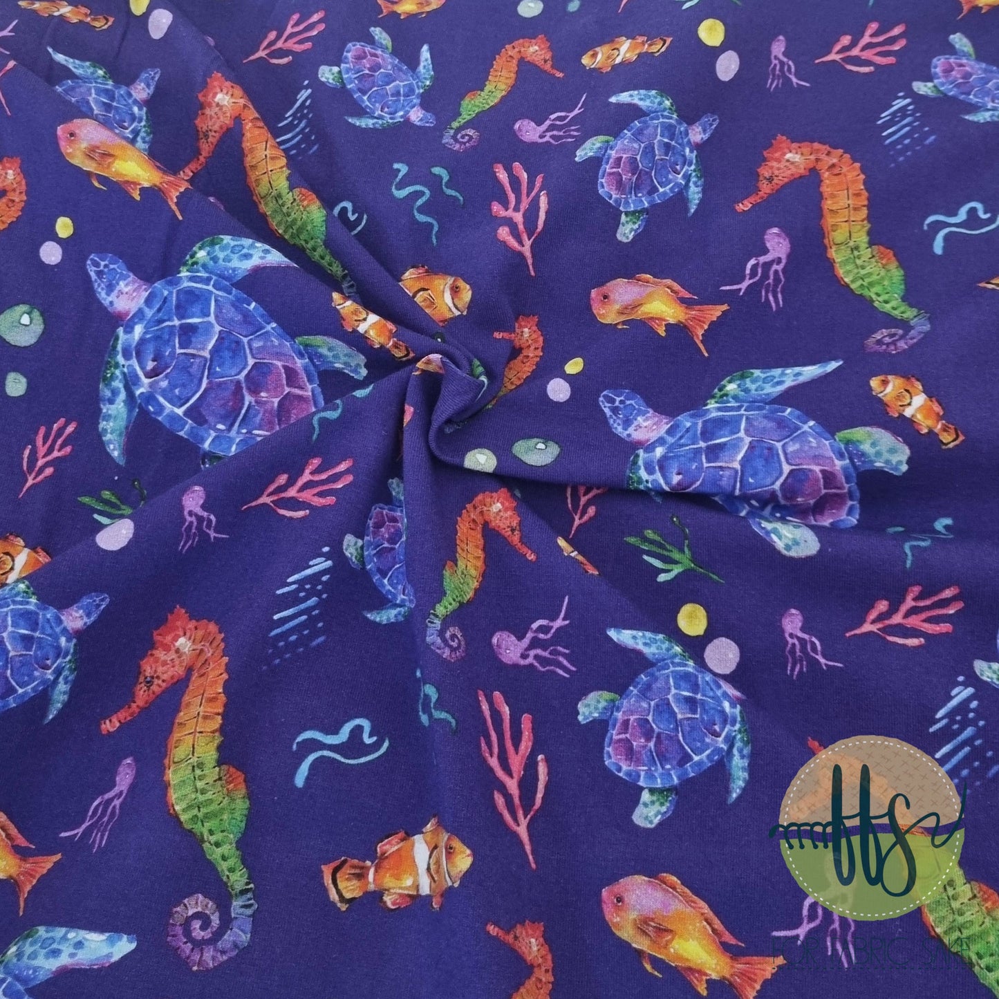 Turtles and Seahorses on deep blue - Fiona Clarke Design-  Custom Pre Order