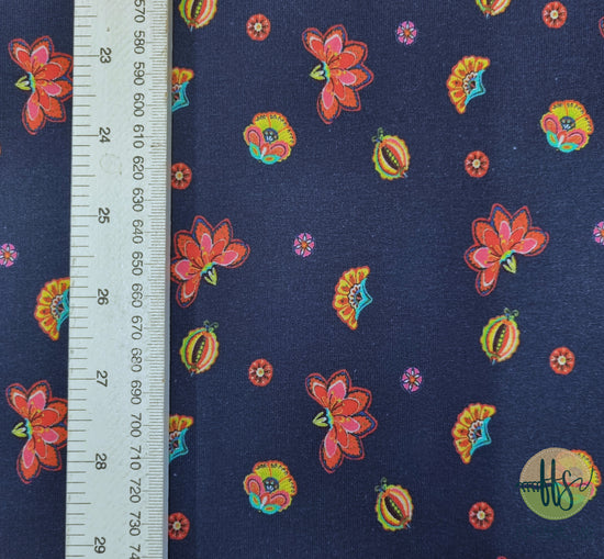 Navy with Red Bloom-French Terry Cotton Spandex
