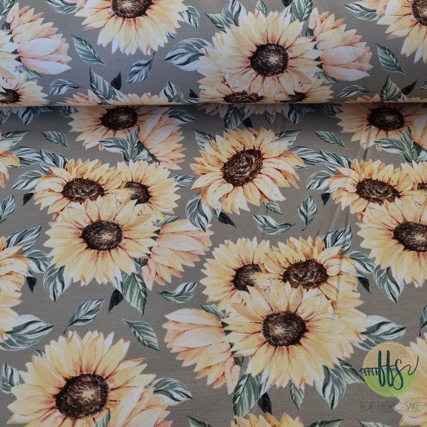 Sunflowers on Taupe-French Terry Cotton Spandex
