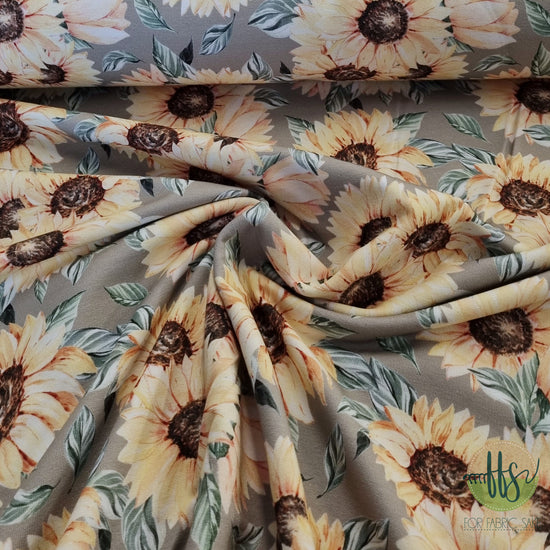 Sunflowers on Taupe-French Terry Cotton Spandex