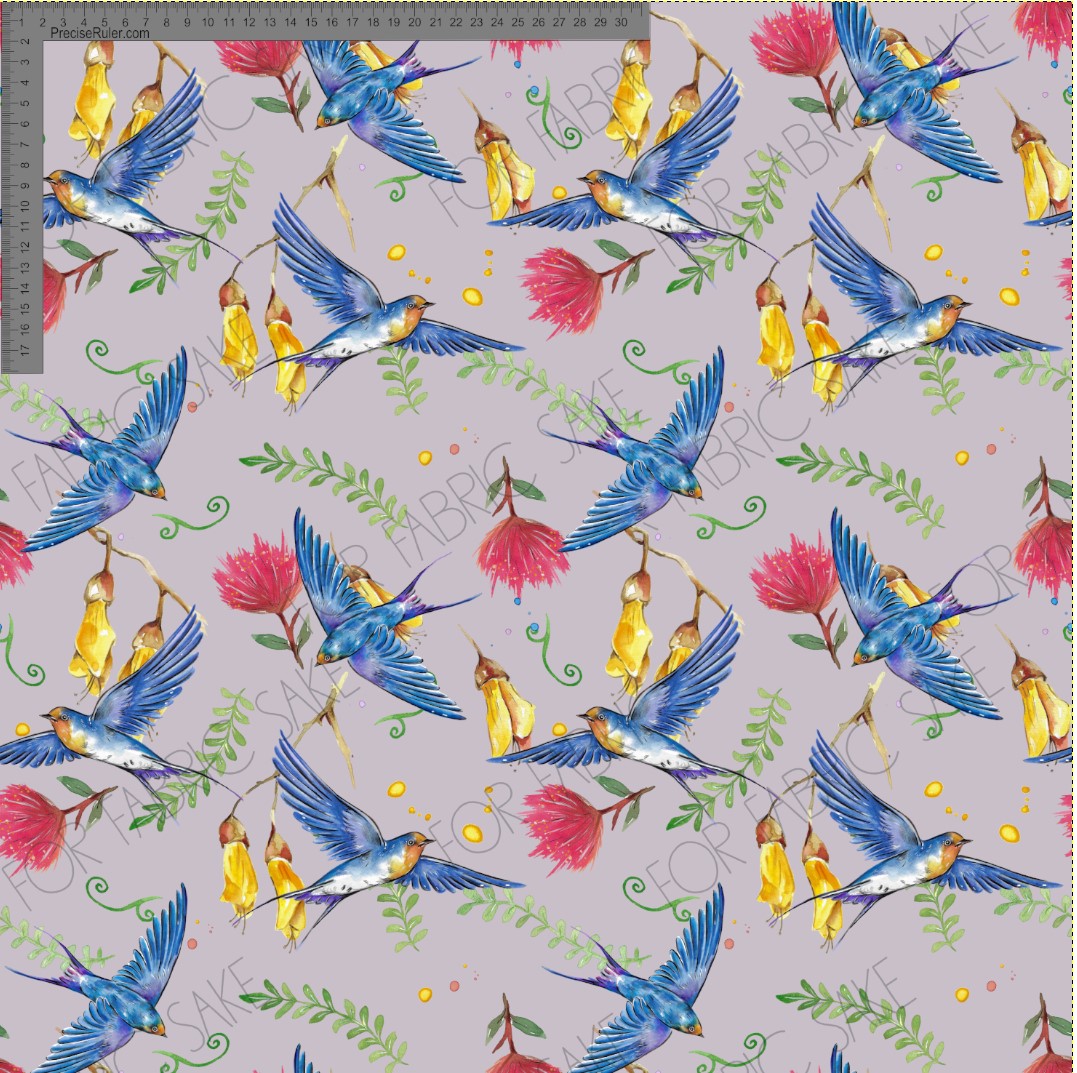 Pohutukawa Kowhai and swallows on dusty pink - Fiona Clarke Design-  Custom Pre Order