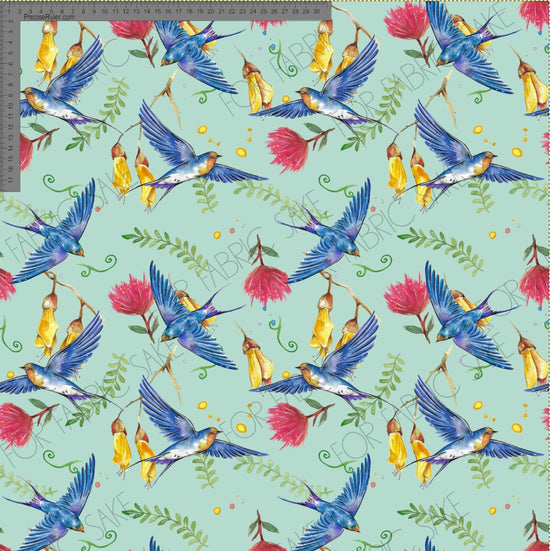 Pohutukawa Kowhai and swallows on light teal - Fiona Clarke Design-  Custom Pre Order