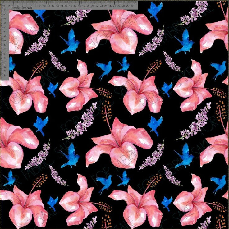 Hibiscus and birds on black- Fiona Clarke Design- Custom Pre Order