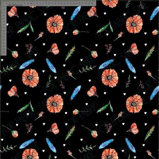 Poppies and feathers on black- Fiona Clarke Design- Custom Pre Order