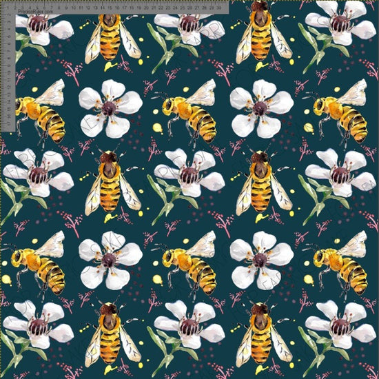 Load image into Gallery viewer, Manuka Flowers and Bees on Teal- Fiona Clarke Design- Custom Pre Order
