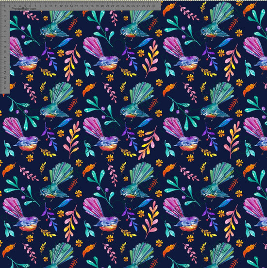 Small colourful fantails on Navy - Fiona Clarke Design- Custom Pre Order