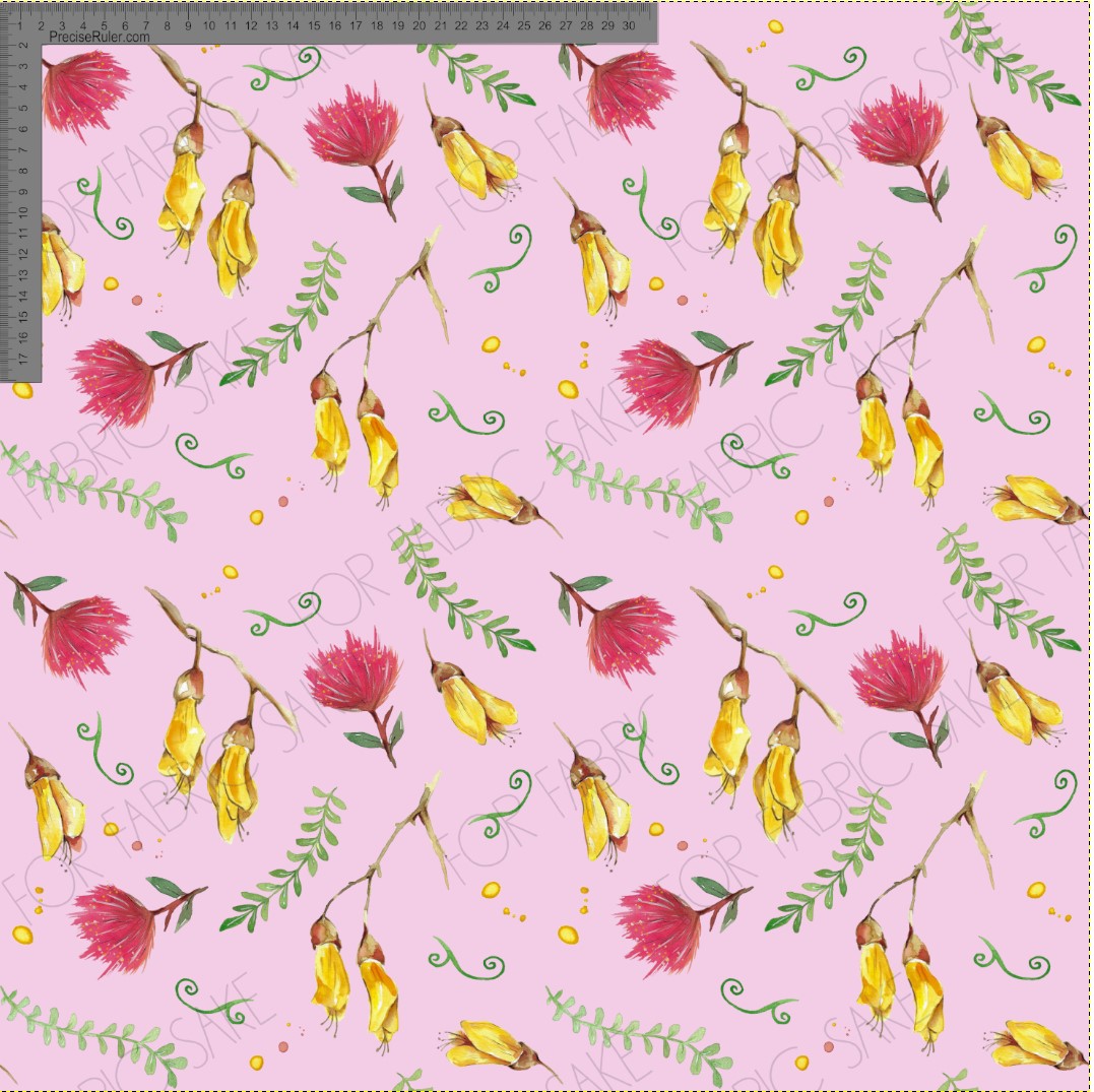 Kowhai and Pohutukawa flowers on soft pink - Fiona Clarke Design-  Custom Pre Order