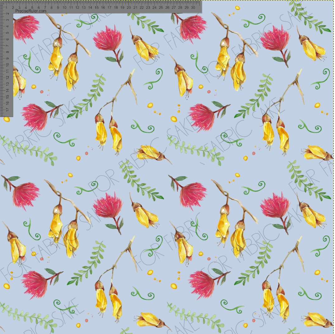 Load image into Gallery viewer, Kowhai and Pohutukawa flowers on soft blue - Fiona Clarke Design-  Custom Pre Order
