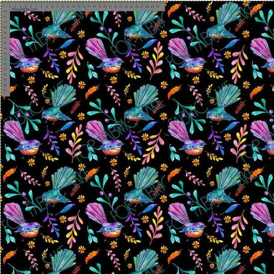 Small colourful fantails on black - Fiona Clarke Design- Custom Pre Order