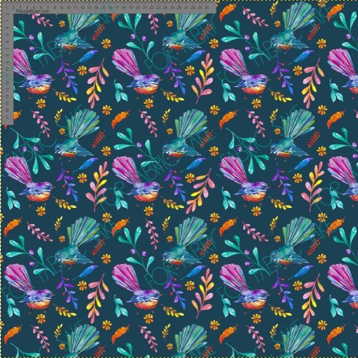 Small colourful fantails on deep teal - Fiona Clarke Design- Custom Pre Order